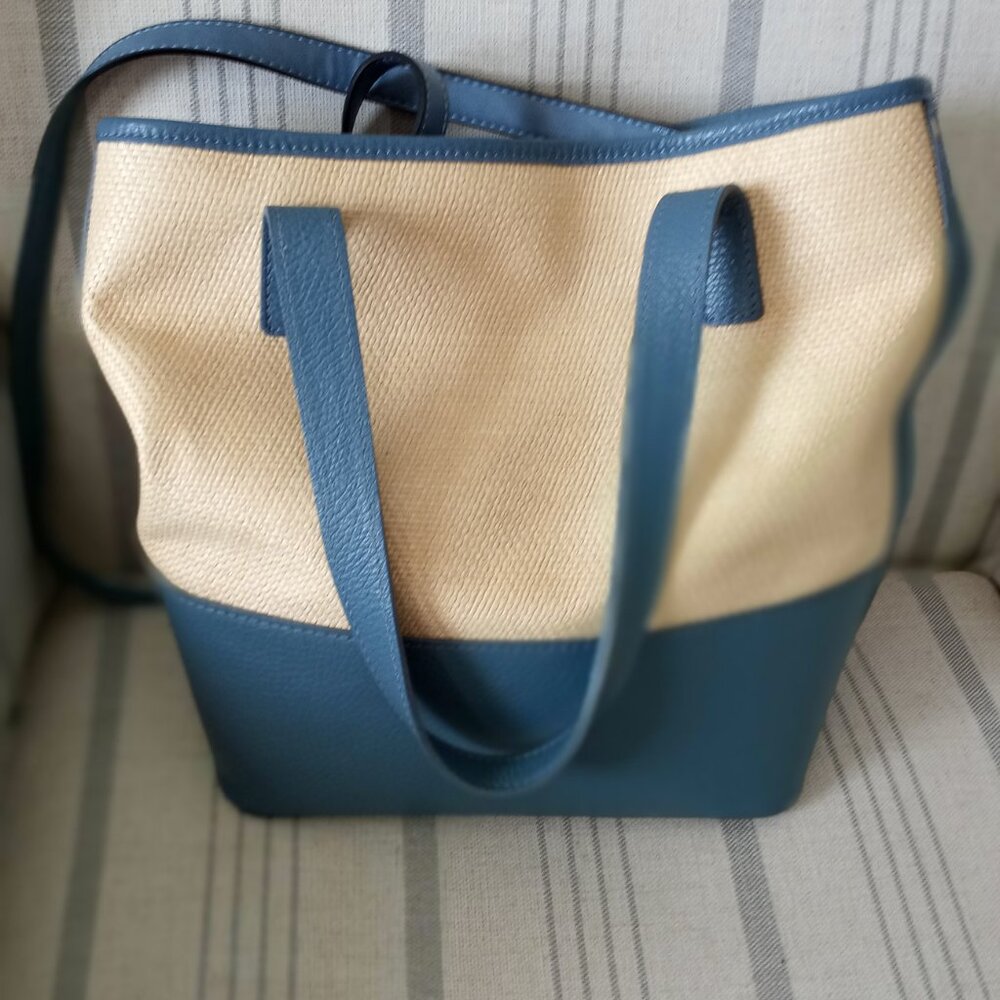 'Valentina Fiore' Blue leather & soft Raffia bag EUC